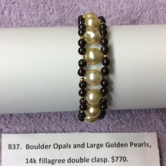 Large Golden Fresh Water Pearls and Boulder Opals, 14k Gold double clasp. - Picture 1 of 3